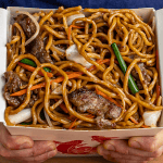 Chinese takeout beef lo mein with noodles, beef, and vegetables
