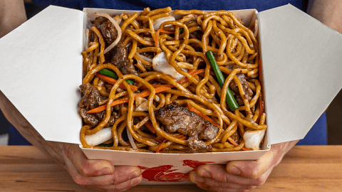 Chinese takeout beef lo mein with noodles, beef, and vegetables