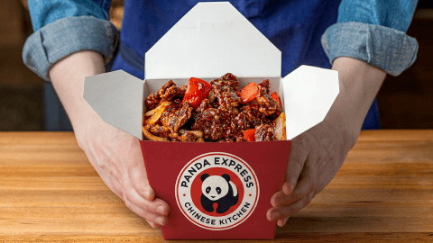 Homemade Panda Express Beijing Beef in a red Panda Express takeout box