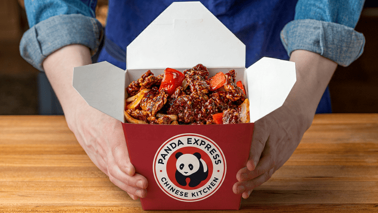 Homemade Panda Express Beijing Beef in a red Panda Express takeout box