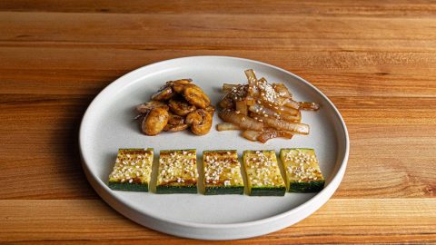 Hibachi vegetables with caramelized zucchini onion and mushrooms finished with garlic butter and sesame seeds