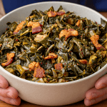 Asian style collard greens with dashi broth and crispy bacon in a serving bowl