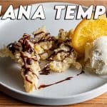 banana tempura with chocolate ganache and powdered sugar