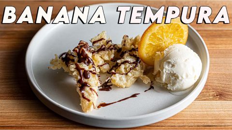 banana tempura with chocolate ganache and powdered sugar