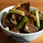 Benihana teriyaki steak with julienne-cut strips, mushrooms, and scallions glazed in teriyaki sauce