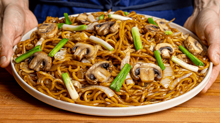 Benihana yakisoba noodles with mushrooms cabbage and green onion in sauce