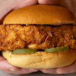 Chick-fil-A chicken sandwich with pickles on a brioche bun