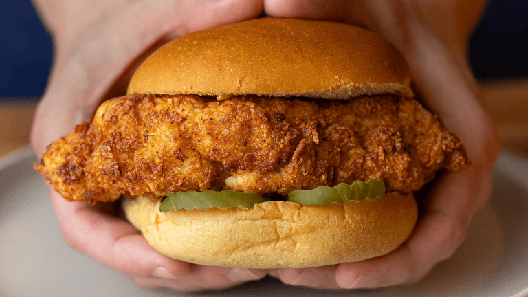 Chick-fil-A chicken sandwich with pickles on a brioche bun