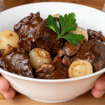 Julia Child beef bourguignon with pearl onions and mushrooms in a Dutch oven