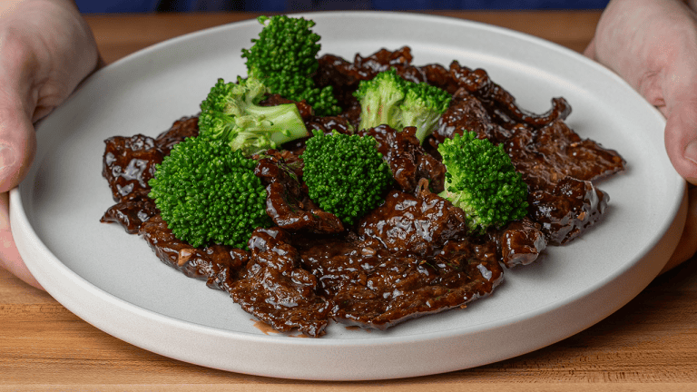 P.F. Chang's Beef with Broccoli with Mongolian sauce on a white plate