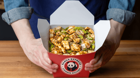 Panda Express black pepper chicken with celery and onion in a glossy black pepper sauce