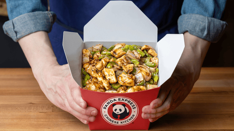 Panda Express black pepper chicken with celery and onion in a glossy black pepper sauce