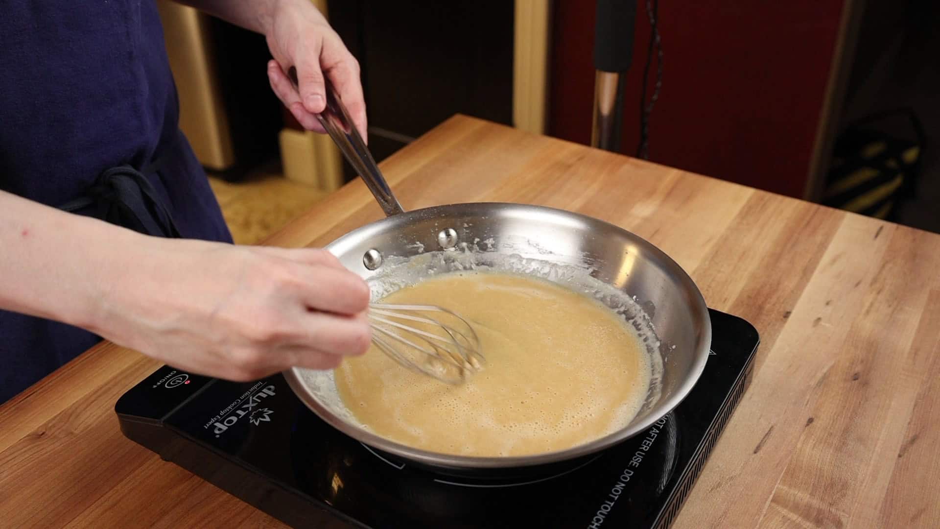 Butter and flour roux cooked to a light golden brown in a skillet